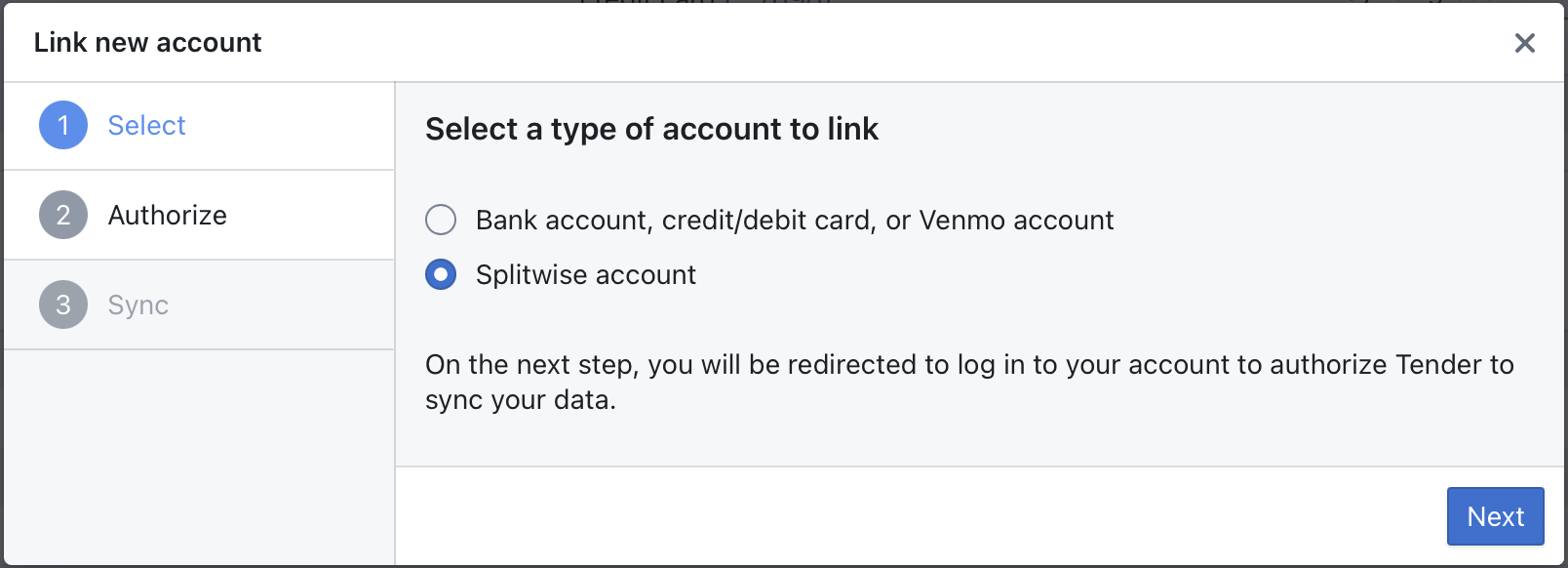 Adding a Splitwise account in Tender