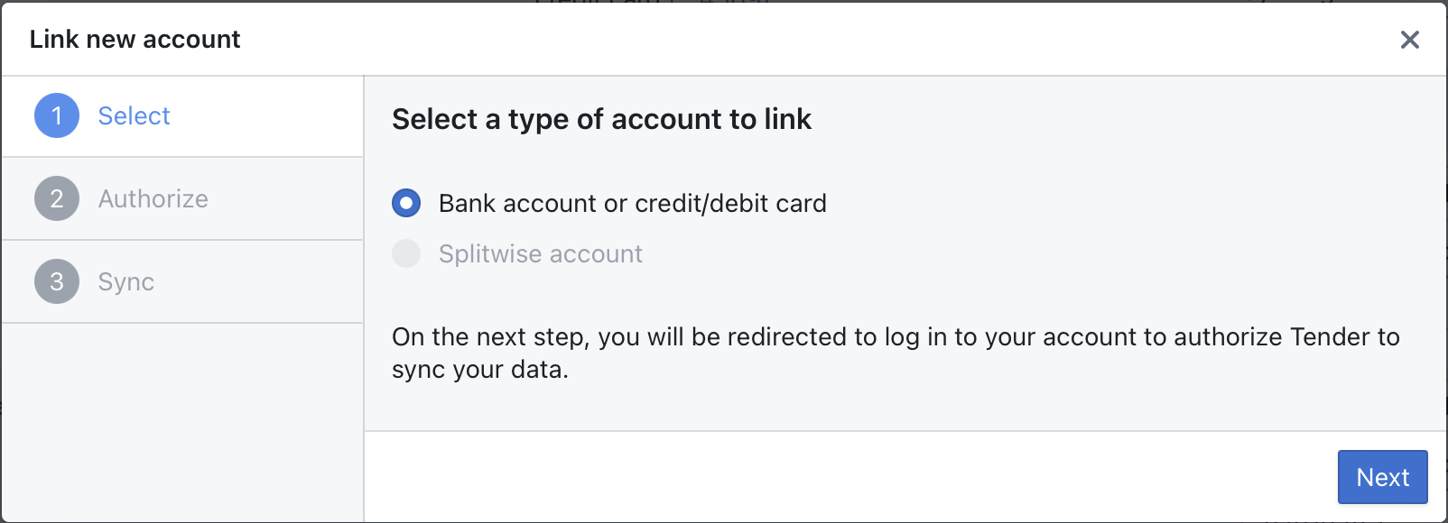 Linking an account in Tender from settings